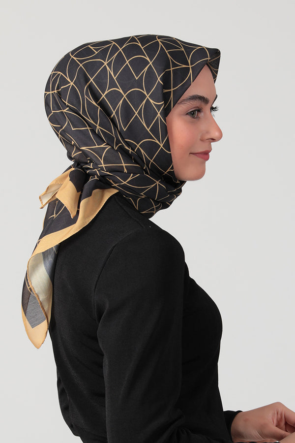Pamuk İpek Eşarp - Geometrik Desen - Siyah Gold