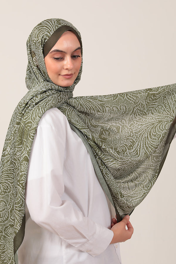 Pamuk İpek Şal - Lalezar Desen - Yeşil