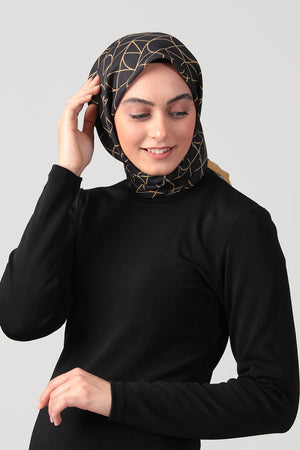 Pamuk İpek Eşarp - Geometrik Desen - Siyah Gold