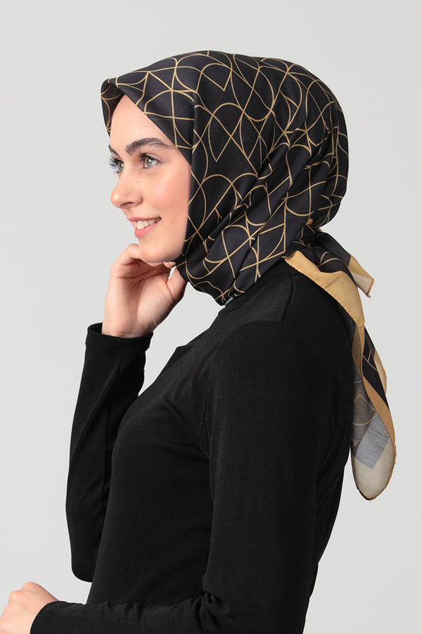 Pamuk İpek Eşarp - Geometrik Desen - Siyah Gold