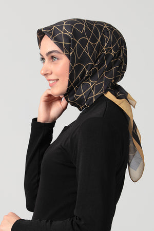 Pamuk İpek Eşarp - Geometrik Desen - Siyah Gold