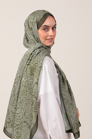 Pamuk İpek Şal - Lalezar Desen - Yeşil