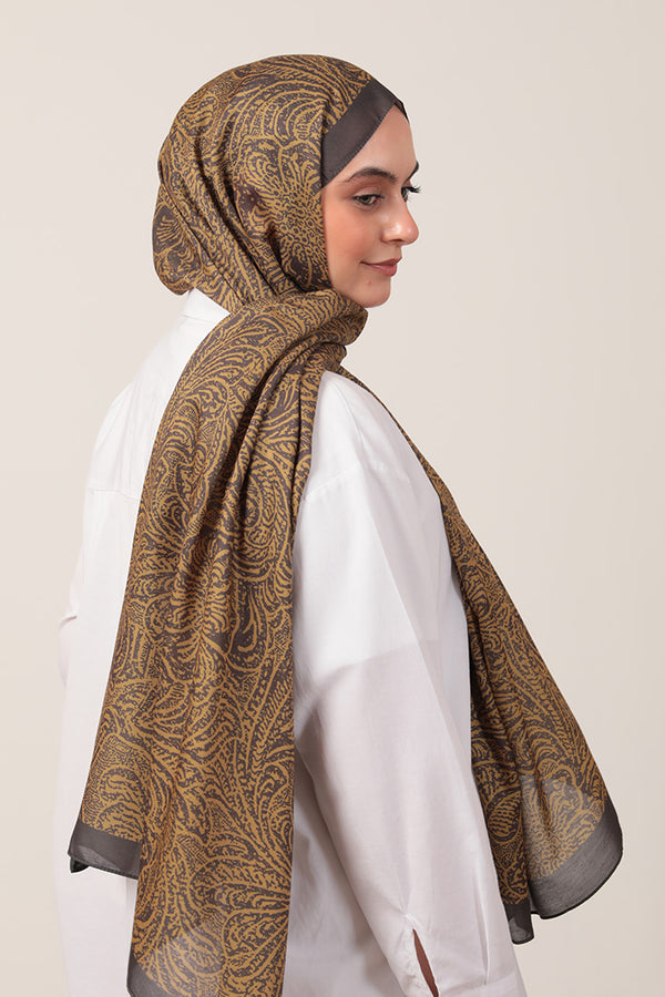 Pamuk İpek Şal - Lalezar Desen - Hardal