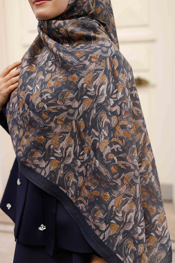 Tensel Şal - Yaprak Desen - Siyah Camel
