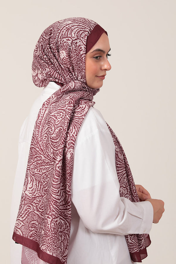 Pamuk İpek Şal - Lalezar Desen - Bordo