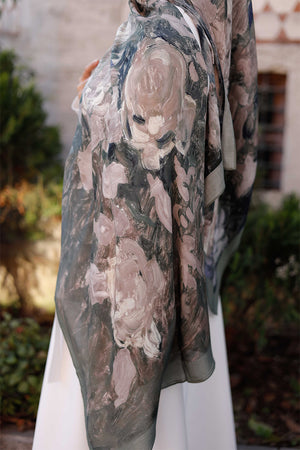 %100 Organik Pamuk Şal - Rose Desen - Açık Haki