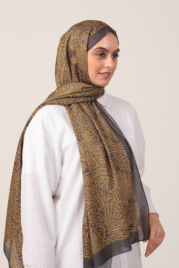 Pamuk İpek Şal - Lalezar Desen - Hardal