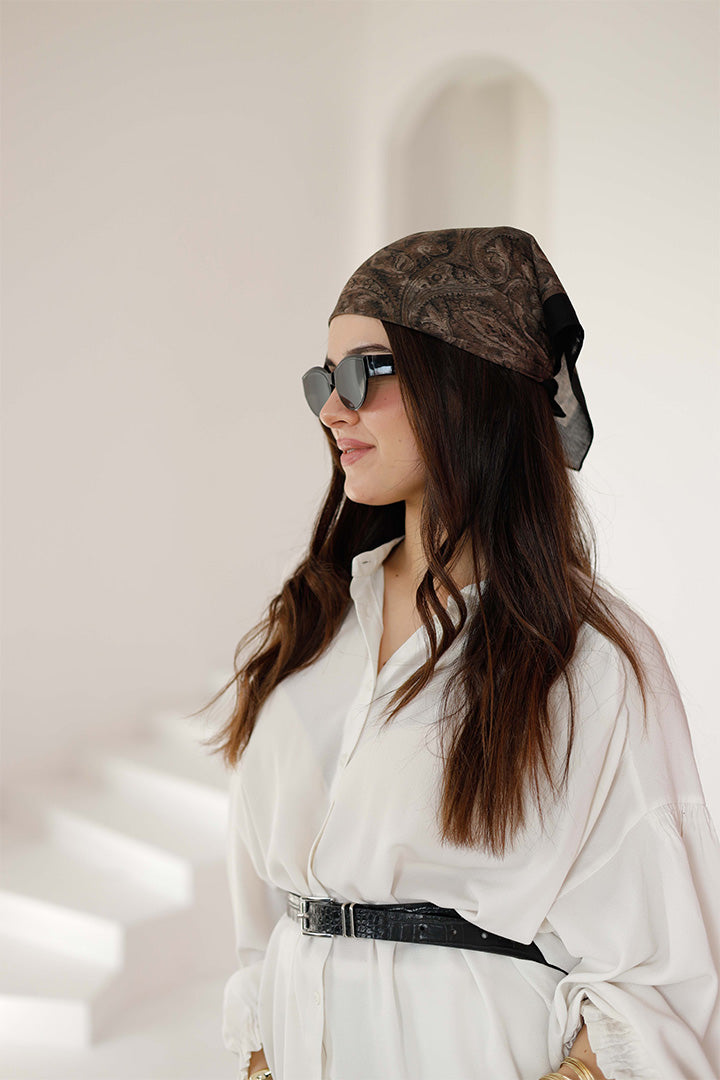 %100 Organik Pamuk Fular - Şal Desen - Kahverengi