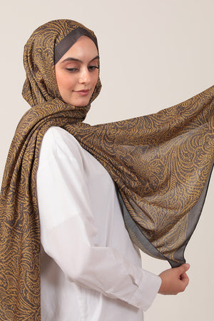 Pamuk İpek Şal - Lalezar Desen - Hardal