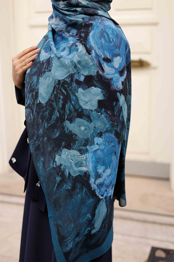 %100 Organik Pamuk Şal - Rose Desen - İndigo