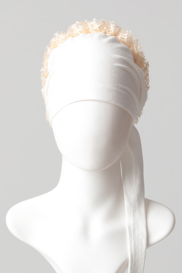 Dantel Topuzlu Önü Dikişli Bone - Kaliteli Özel Üretim - Ekru