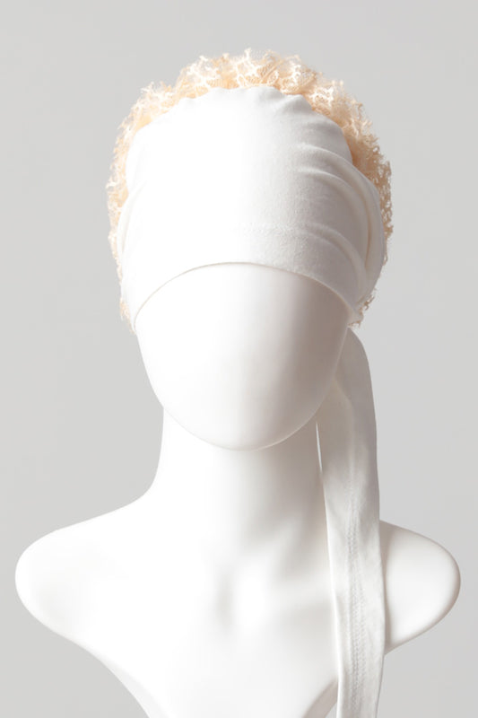 Dantel Topuzlu Önü Dikişli Bone - Kaliteli Özel Üretim - Ekru