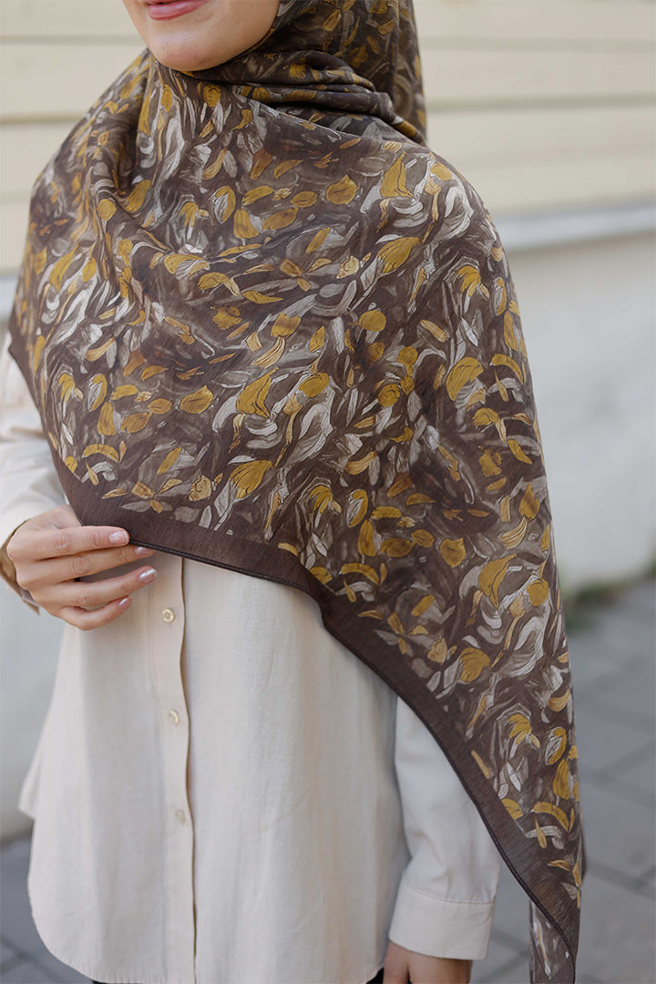 Tensel Şal - Yaprak Desen - Kahve Hardal