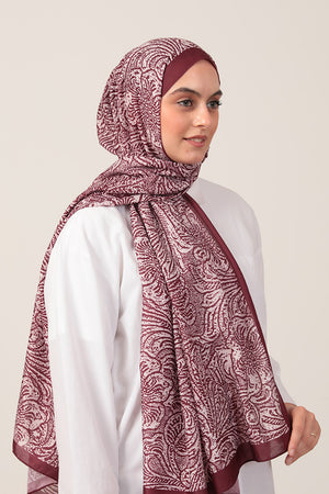 Pamuk İpek Şal - Lalezar Desen - Bordo