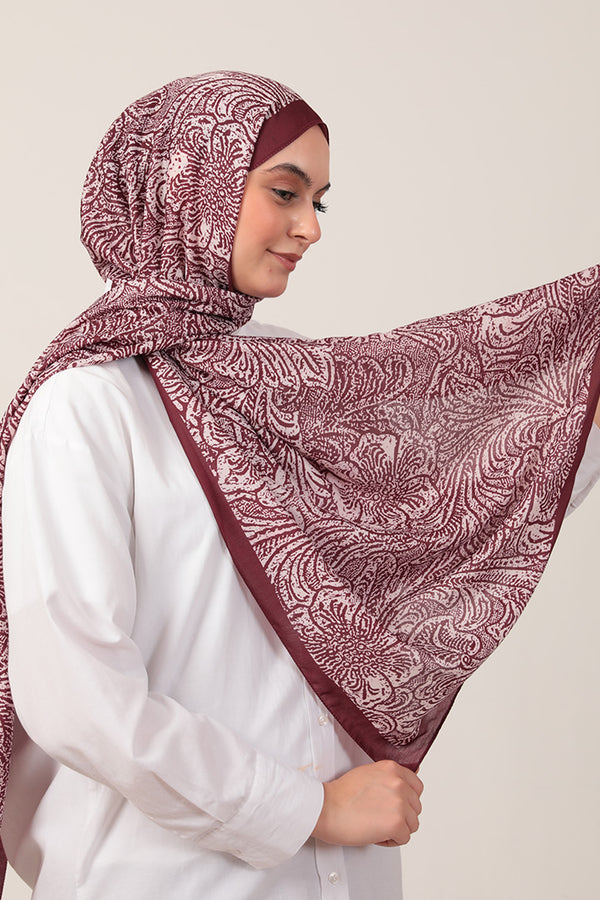 Pamuk İpek Şal - Lalezar Desen - Bordo
