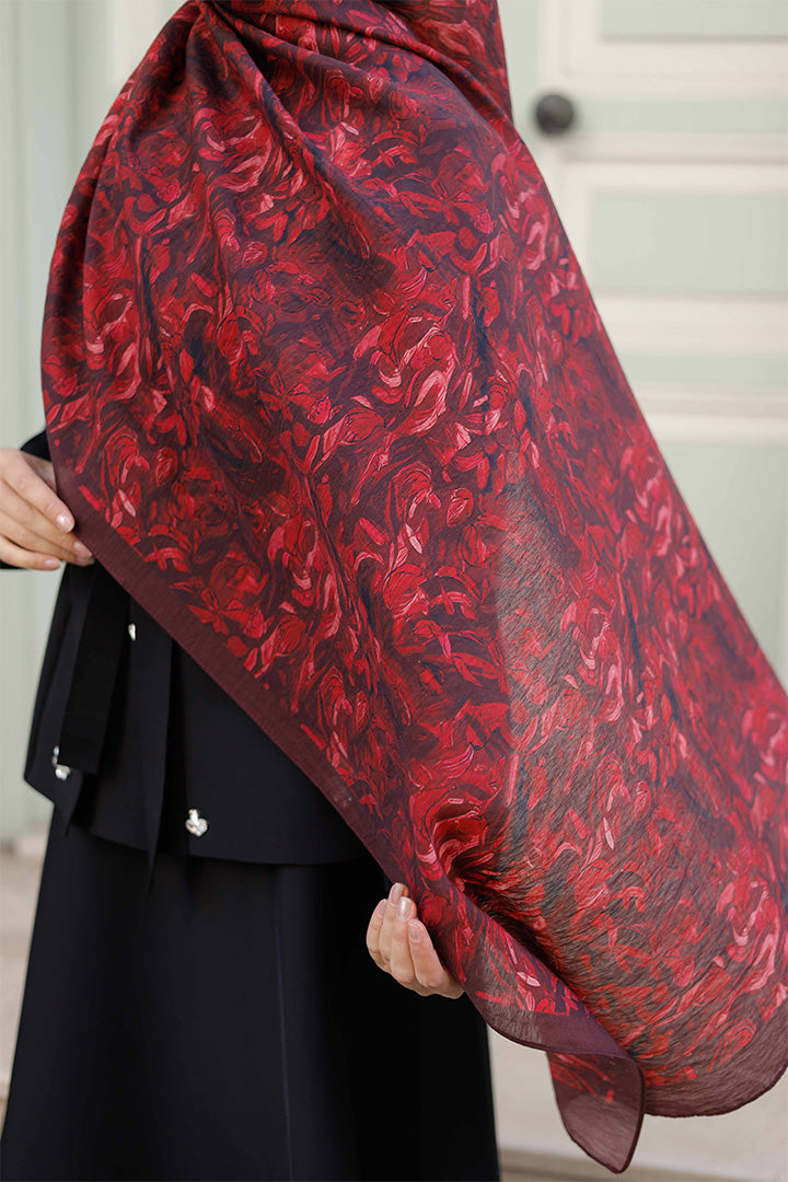 Tensel Şal - Yaprak Desen - Bordo