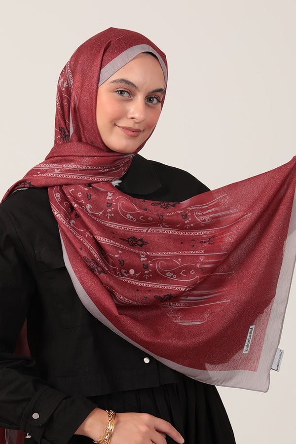 Pamuk İpek Şal - Etro Desen - Vişne