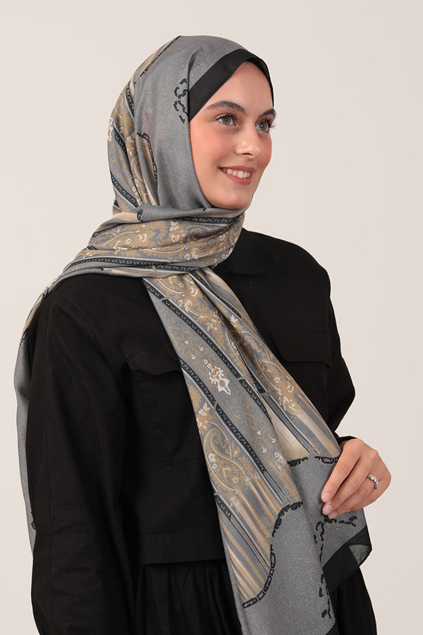 Pamuk İpek Şal - Etro Desen - Siyah Füme