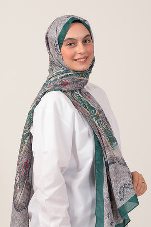 Pamuk İpek Şal - Etro Desen - Zümrüt Yeşili