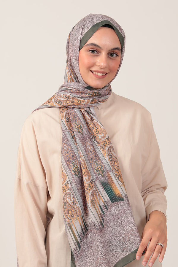 Pamuk İpek Şal - Etro Desen - Haki Yeşili