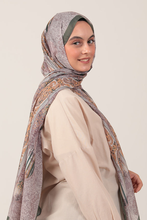 Pamuk İpek Şal - Etro Desen - Haki Yeşili