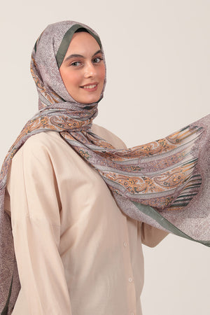 Pamuk İpek Şal - Etro Desen - Haki Yeşili