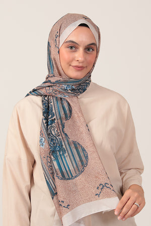 Pamuk İpek Şal - Etro Desen - Vizon Mavi