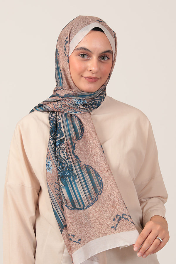 Pamuk İpek Şal - Etro Desen - Vizon Mavi