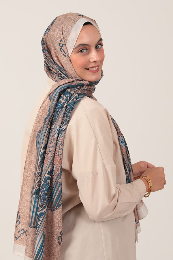 Pamuk İpek Şal - Etro Desen - Vizon Mavi