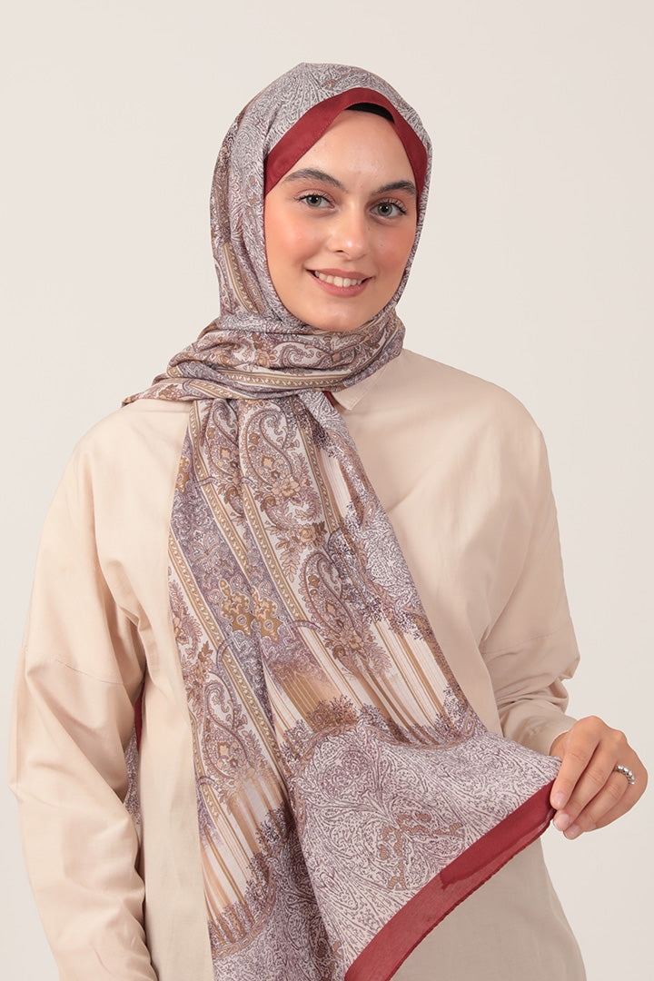 Pamuk İpek Şal - Etro Desen - Bordo