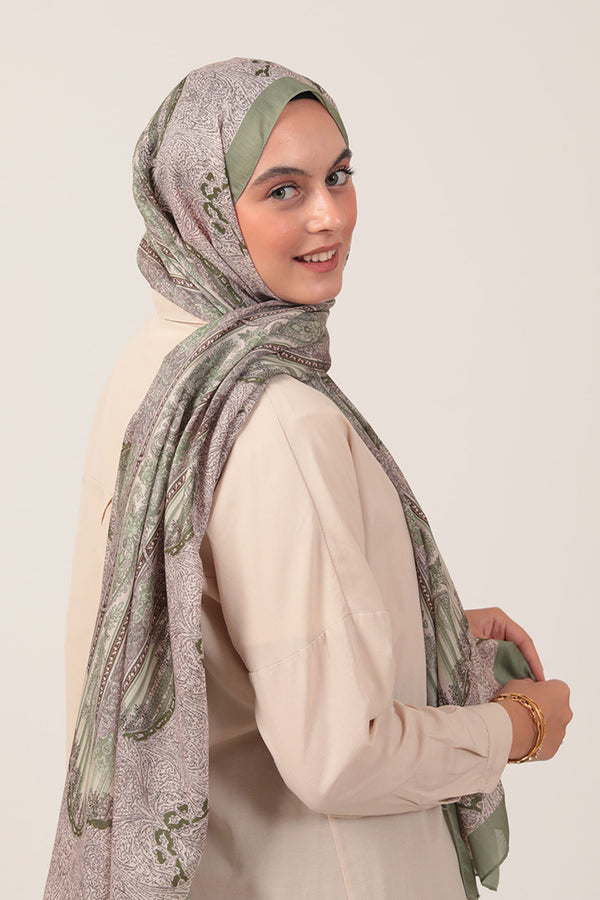 Pamuk İpek Şal - Etro Desen - Açık Yeşil