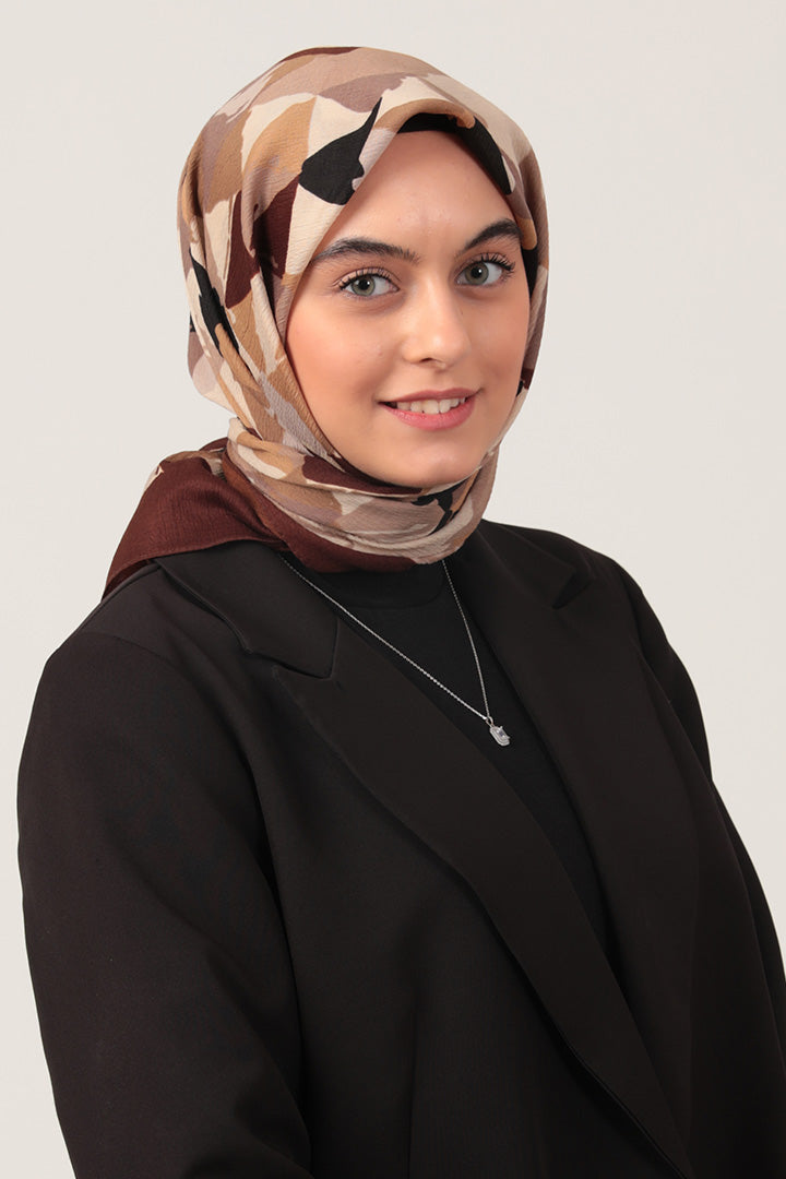 Pamuklu Bürümcük Eşarp - Üçgen Desen - Kahverengi