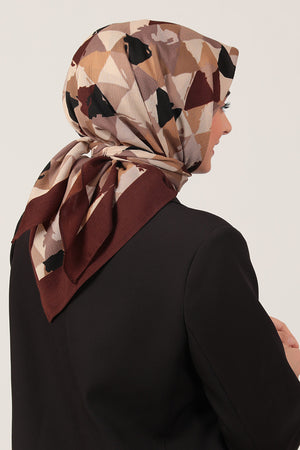 Pamuklu Bürümcük Eşarp - Üçgen Desen - Kahverengi