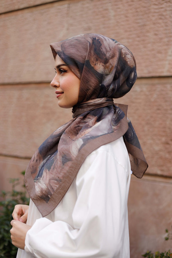 Tensel Eşarp - Rose Desen - Kahverengi