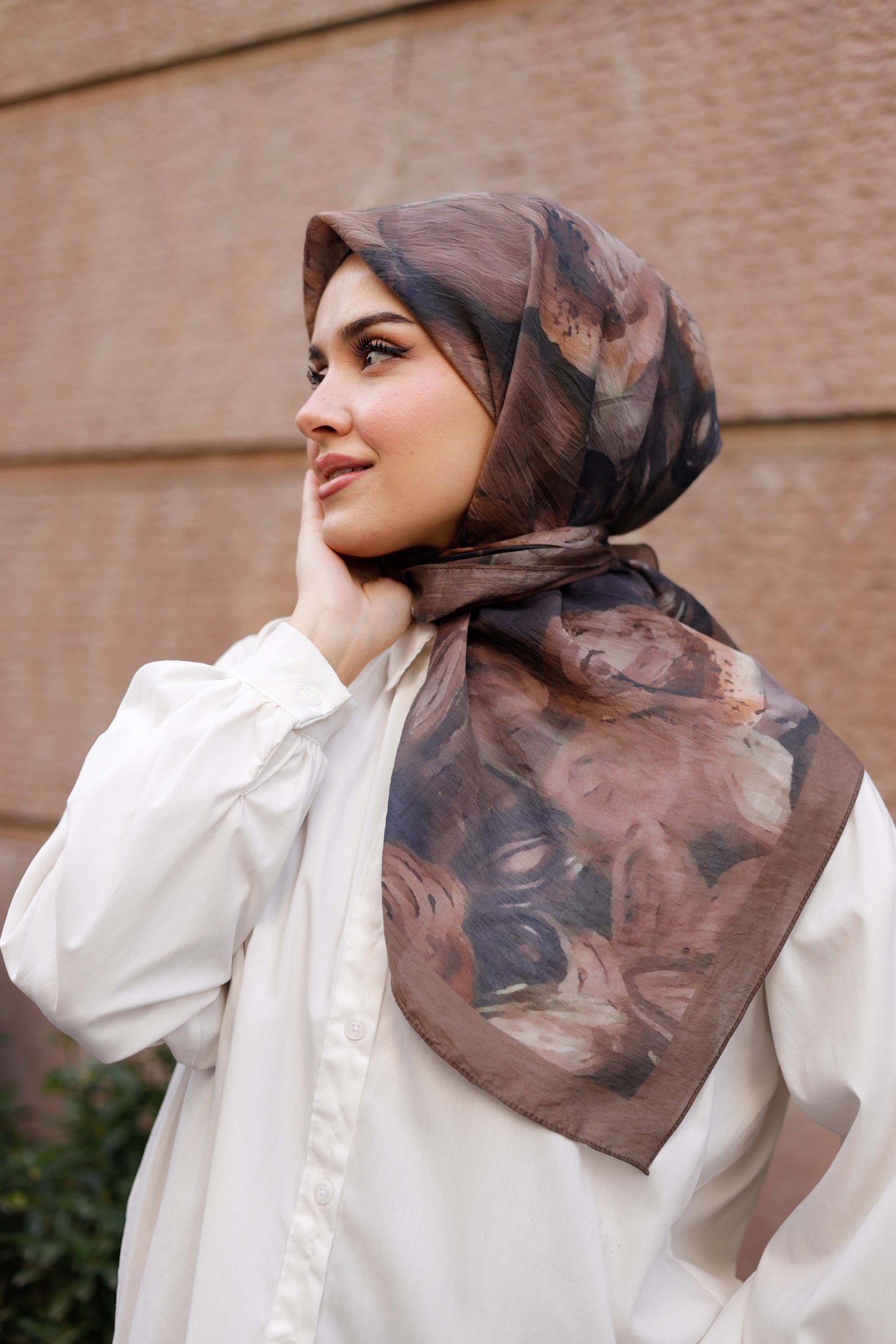 Tensel Eşarp - Rose Desen - Kahverengi