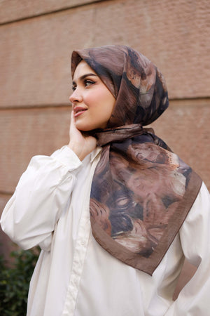 Tensel Eşarp - Rose Desen - Kahverengi