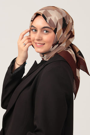 Pamuklu Bürümcük Eşarp - Üçgen Desen - Kahverengi