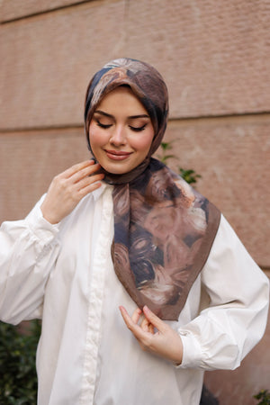 Tensel Eşarp - Rose Desen - Kahverengi