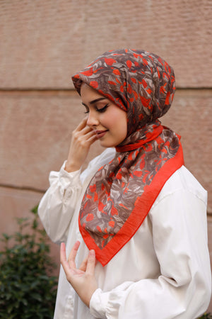 Tensel Eşarp - Yaprak Desen - Kırmızı