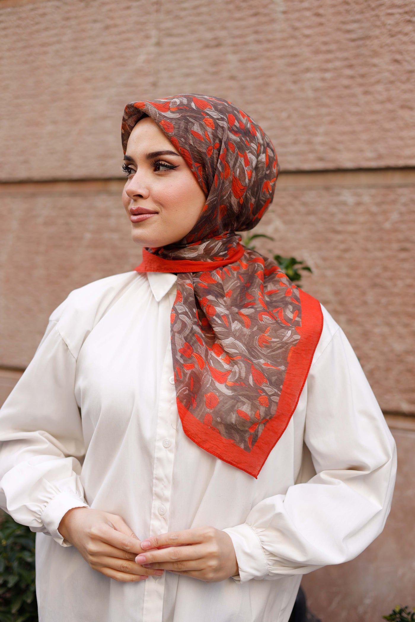 Tensel Eşarp - Yaprak Desen - Kırmızı