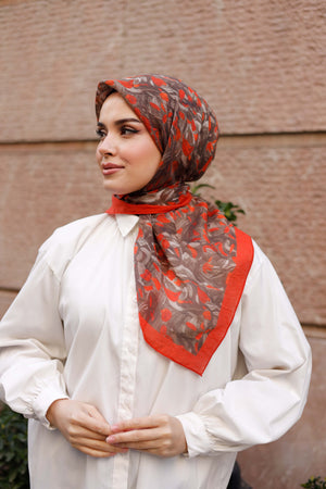 Tensel Eşarp - Yaprak Desen - Kırmızı