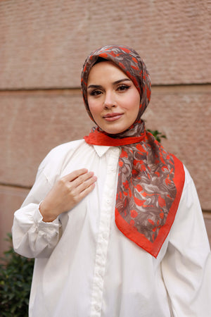 Tensel Eşarp - Yaprak Desen - Kırmızı