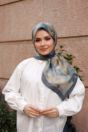 Tensel Eşarp - Rose Desen - Petrol Mavisi