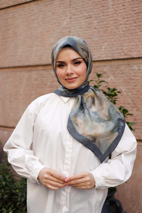 Tensel Eşarp - Rose Desen - Petrol Mavisi