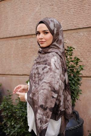 %100 Organik Pamuk Şal - Ebruli Desen - Koyu Kahve