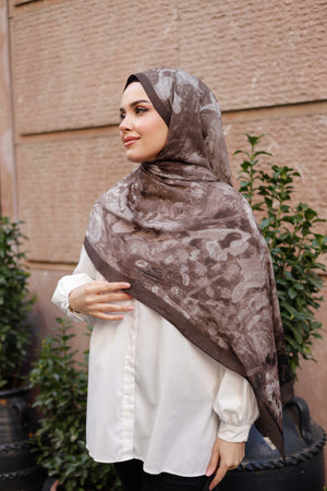 %100 Organik Pamuk Şal - Ebruli Desen - Koyu Kahve