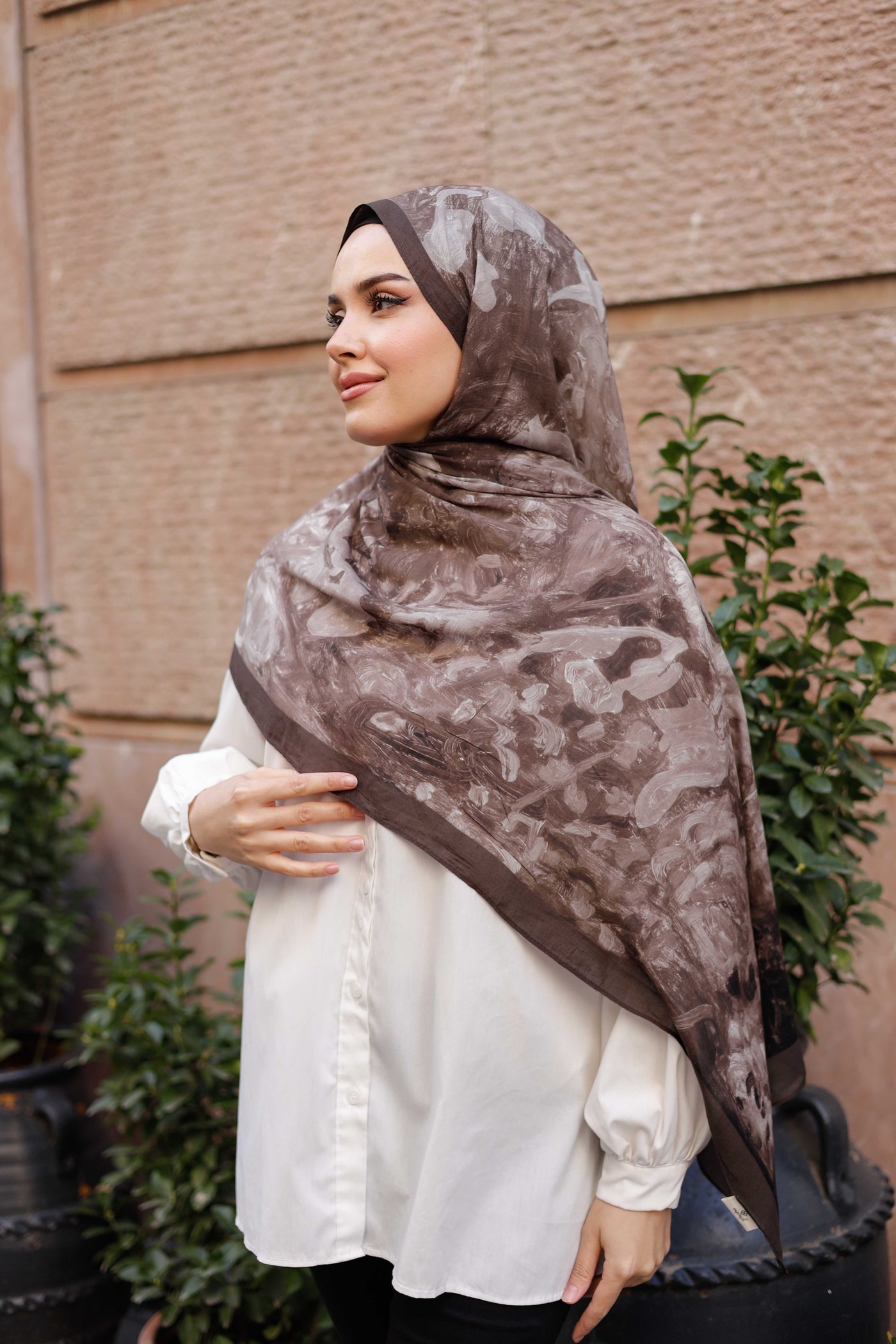 %100 Organik Pamuk Şal - Ebruli Desen - Koyu Kahve