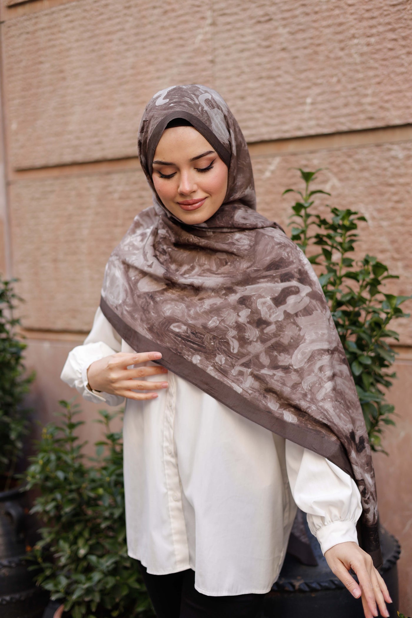%100 Organik Pamuk Şal - Ebruli Desen - Koyu Kahve