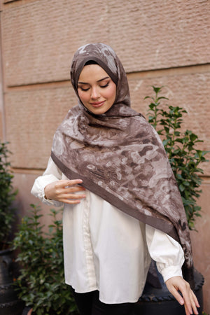 %100 Organik Pamuk Şal - Ebruli Desen - Koyu Kahve