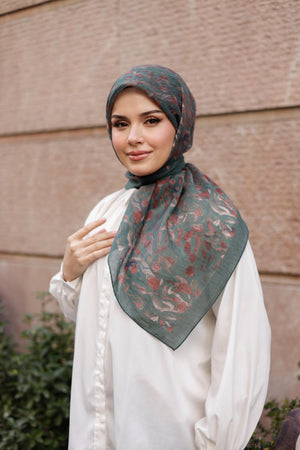 Tensel Eşarp - Yaprak Desen - Petrol Yeşili